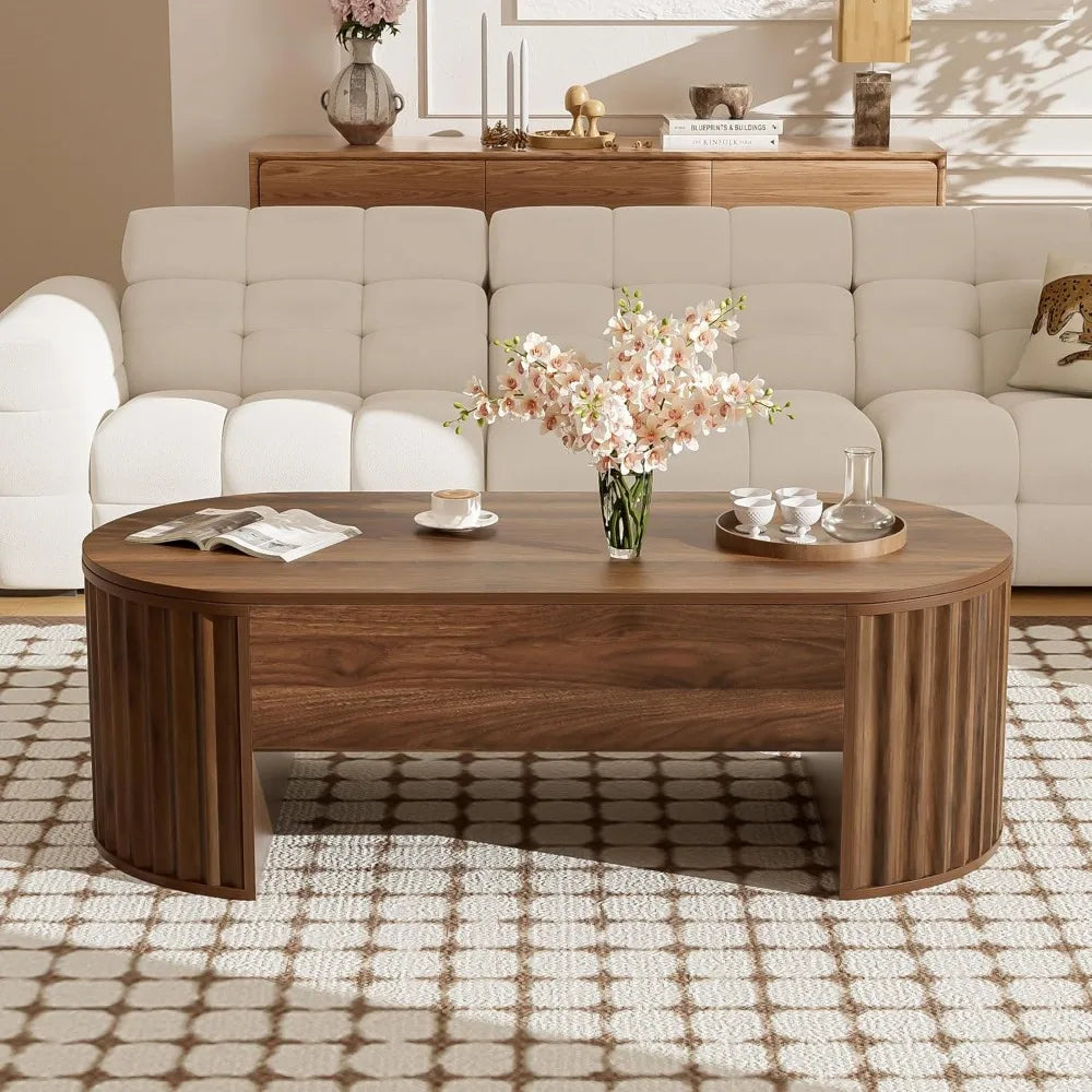 Coffee Table with Lift-Top - Mid Century Modern – 47.2" Oval Fluted Wood with Hidden Storage