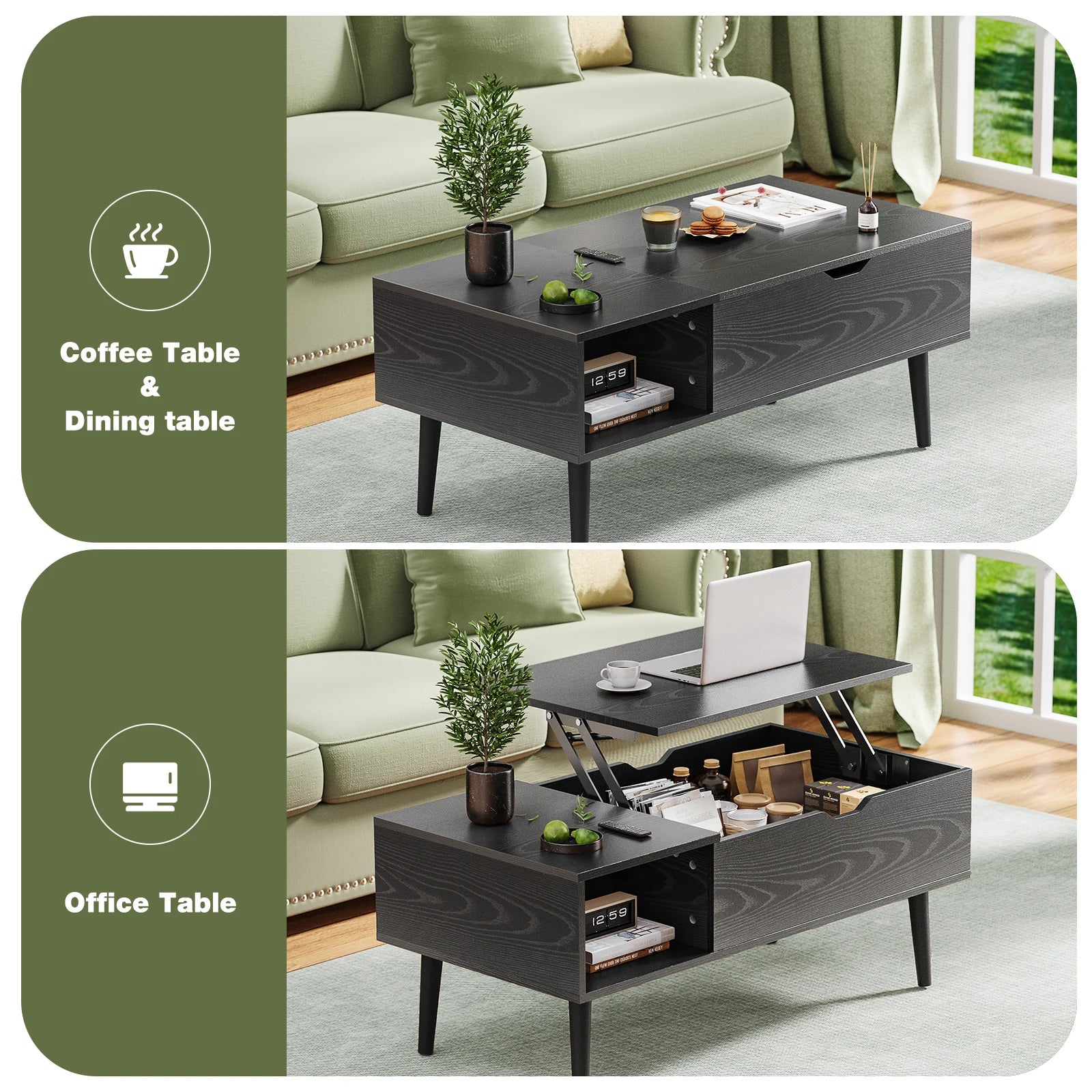 Coffee Table - Adjustable Lift-Top by JHK – Multifunction Tea & Dining Table with Hidden Storage