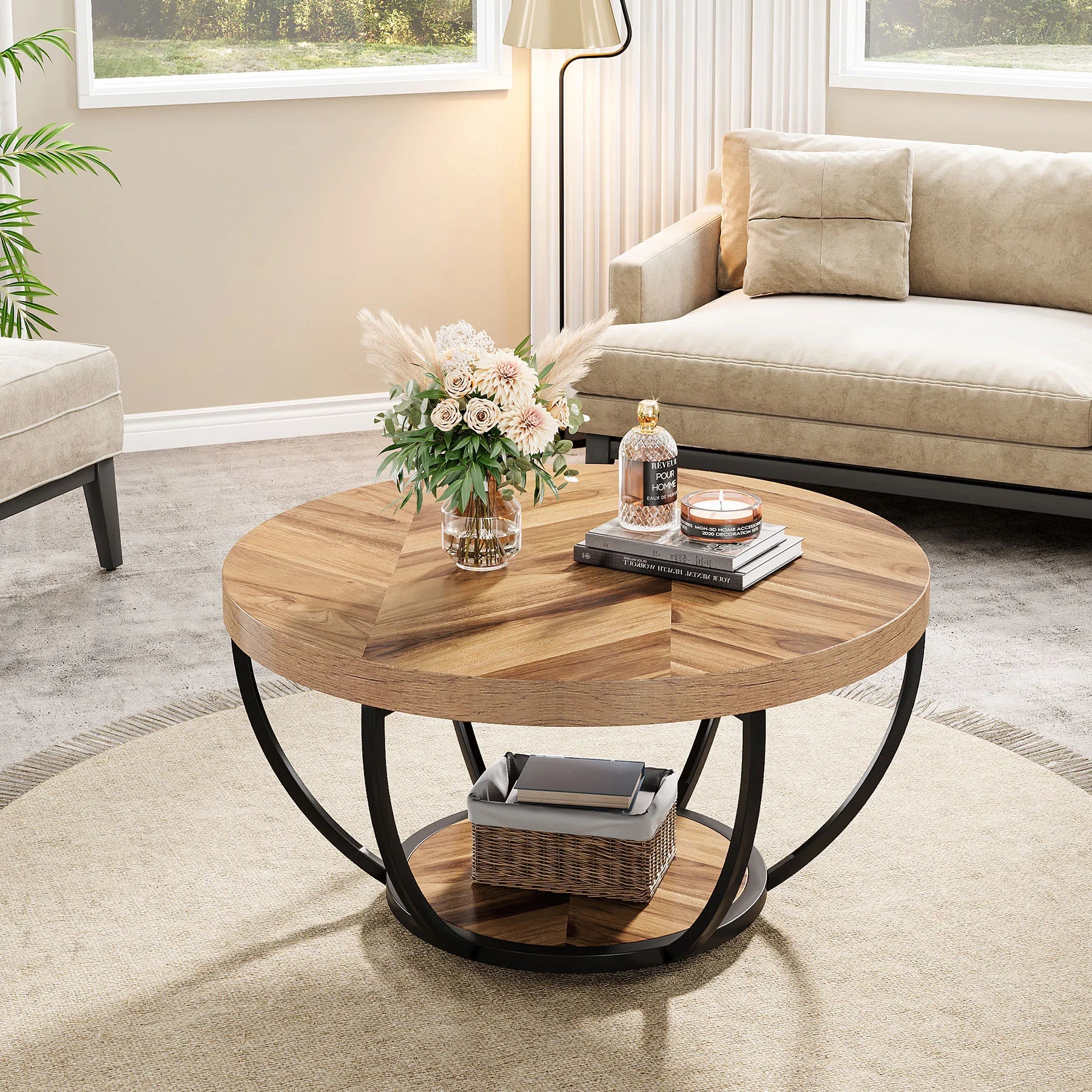 Coffee Table-Tribesigns 31.7 inch Round Coffee Table, Industrial 2-Tier Circle Coffee Table with Storage Shelves, Modern Wooden Accent Table