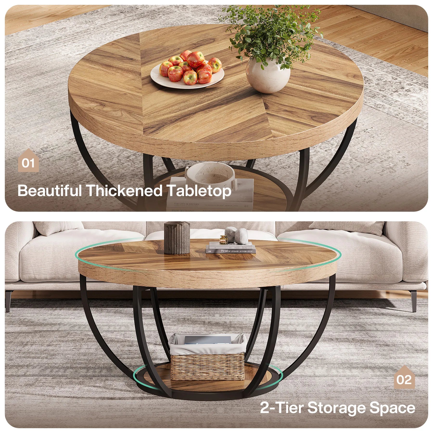 Coffee Table-Tribesigns 31.7 inch Round Coffee Table, Industrial 2-Tier Circle Coffee Table with Storage Shelves, Modern Wooden Accent Table