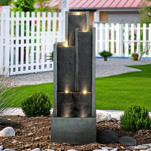 Water Fountain-LED Lights, Garden Water Fountain, 5-Tier, 50.7 in Floor Standing, Cascading Feature, Deck Patio, Porch, Yard