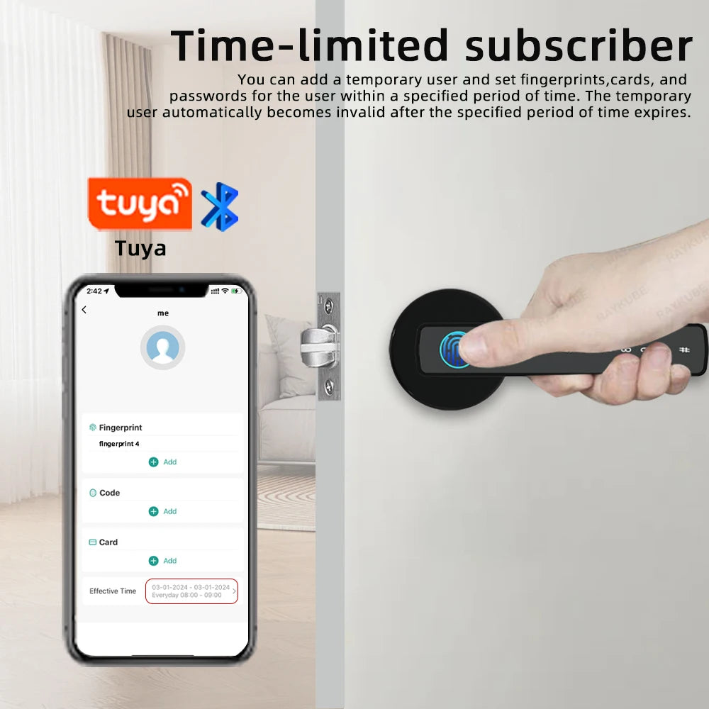 M5 Smart Fingerprint Door Lock by RAYKUBE with Tuya BLE – Password, Key, Card & App Unlock + Free US Delivery