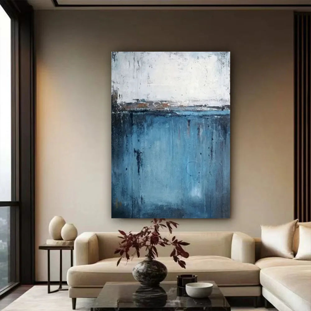 Wall Art- Image C On Canvas, Handmade Abstract Oil Painting,  Blue And Off-white Texture Wall Art, Aisle Original Artwork