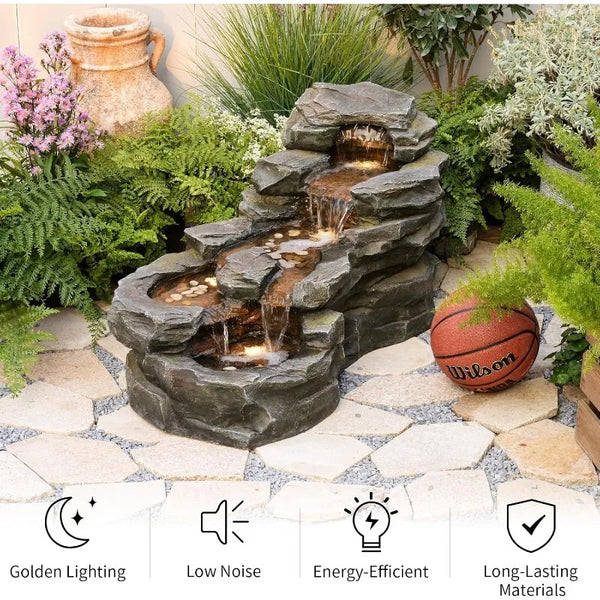 Water Fountain-LED Lights, Rock Natural Waterfall, Garden Outdoor, Floor Standing 37 in, 5-Tiers, Patio