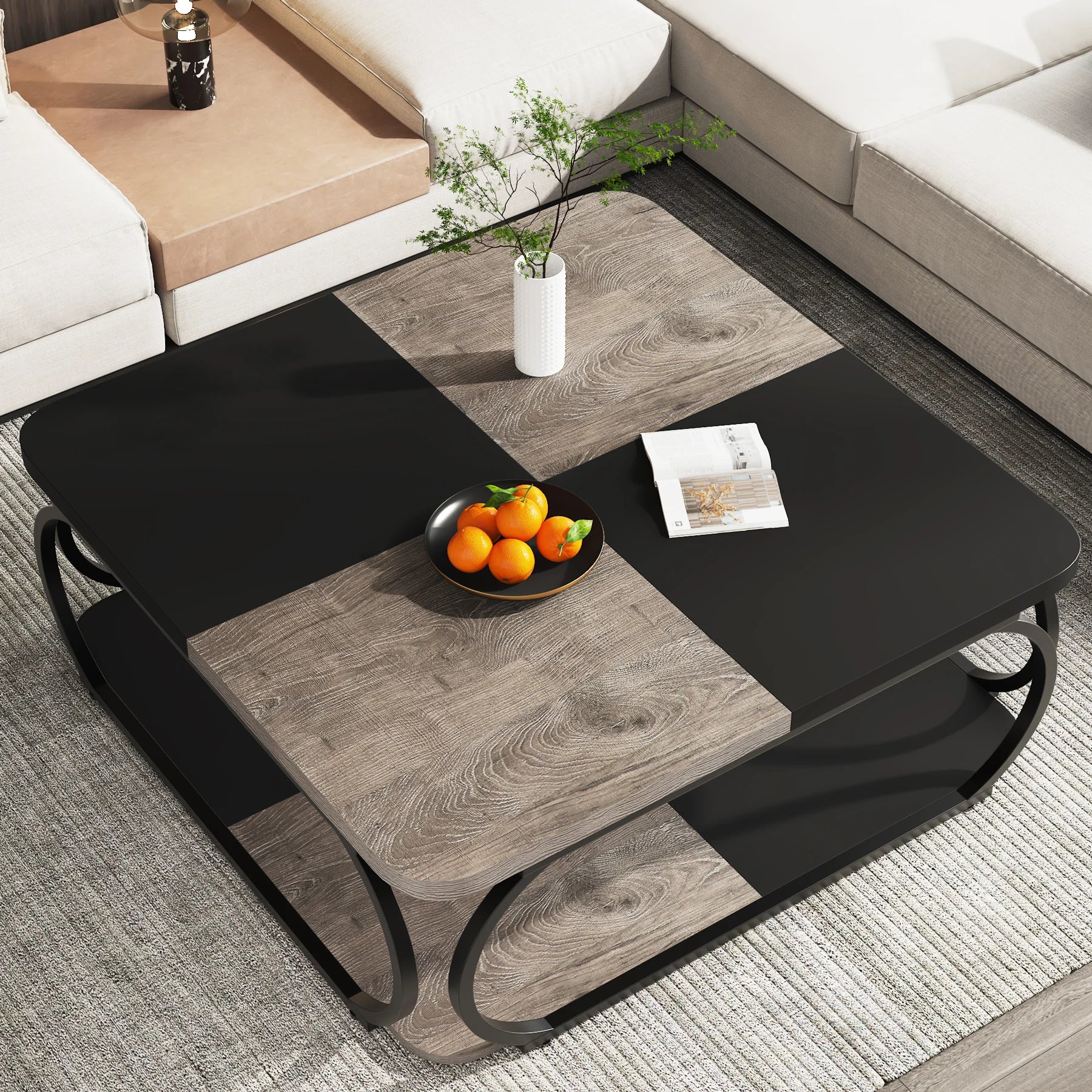Coffee Table-Tribesigns Square Coffee Table, with 2 Tiers, 40 inches, Low Farmhouse Coffee Table, with Wood Storage Shelf, Heavy Duty Metal Curve