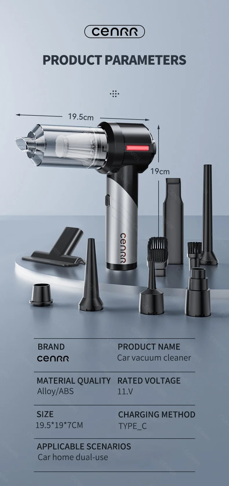 Wireless Car Vacuum-Cleaner High Pressure, Portable Handheld Mini, Strong Suction, CENRR