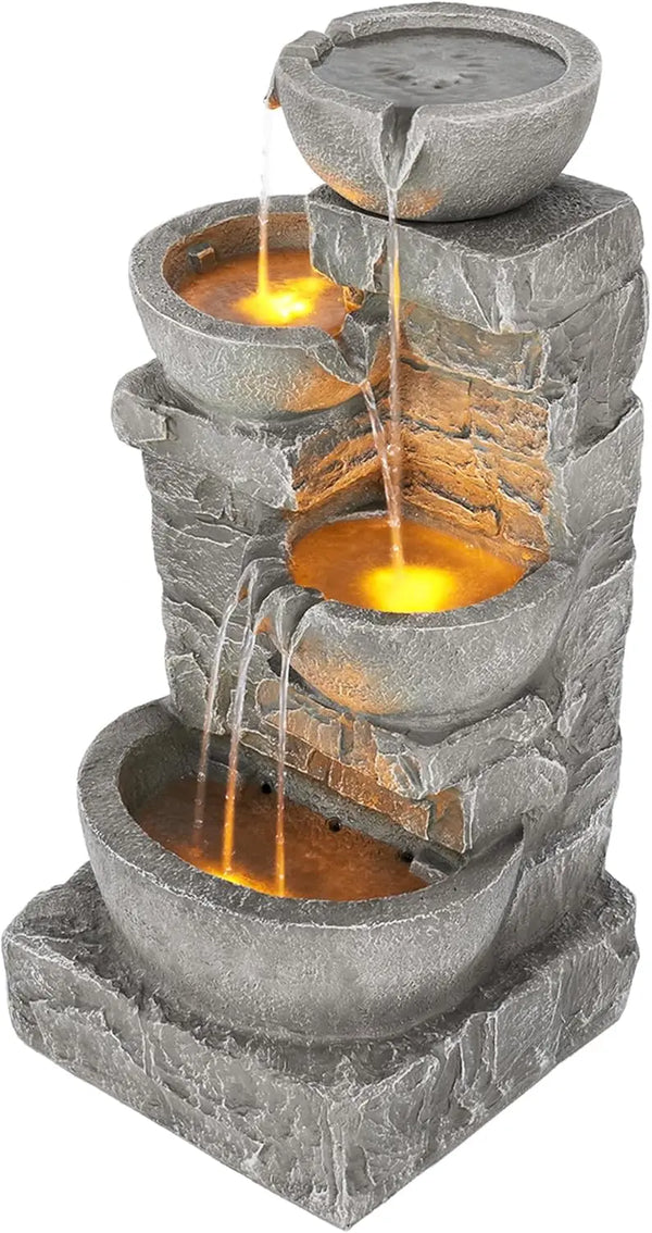 Water Fountain-LED Lights, 33.25 in. Cascading Bowls and Stacked Stones, Gardens, Landscaping, Patios, Balconies, Lawns