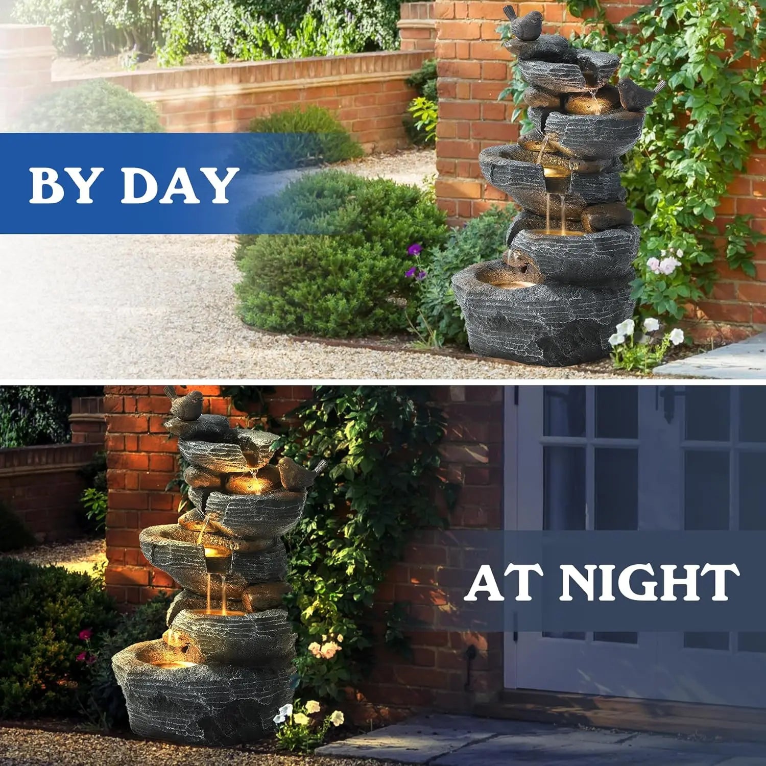 Water Fountain- 5-Tiers Cascading Rock Water Fountain Outdoor - Waterfalls Fountains with LED Lights, Outdoor/Indoor Resin Water Fountain