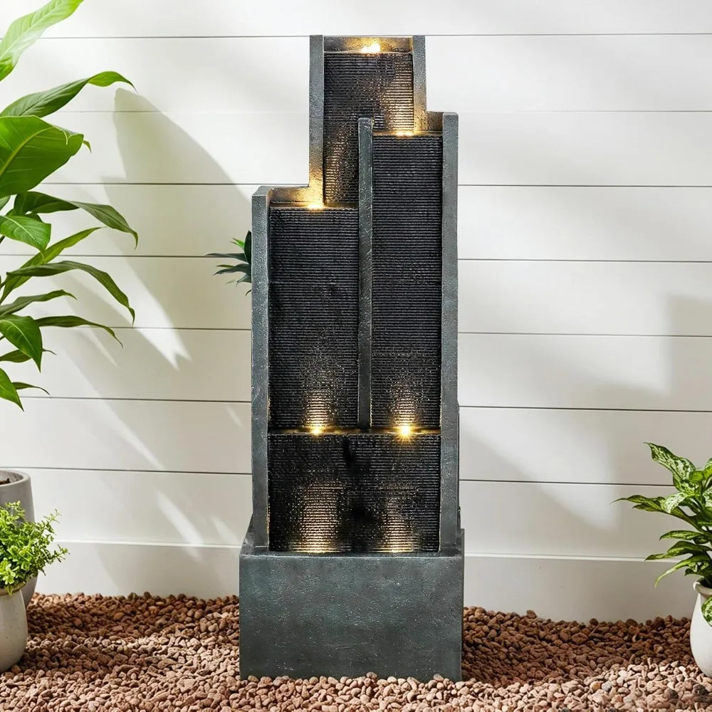 Water Fountain-Modern Outdoor Water Fountain with LED Lights Pump 50.7 Inch Tall Resin Cascading Waterfall for Garden Patio Backyard