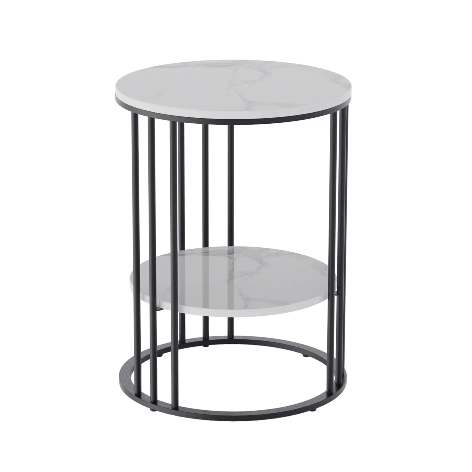 Accent Table- 2 Tier Sintered Stone End Table, Round White Sofa Table, Side Table, Small Coffee Table with Black Frame, Bedside Nightstand