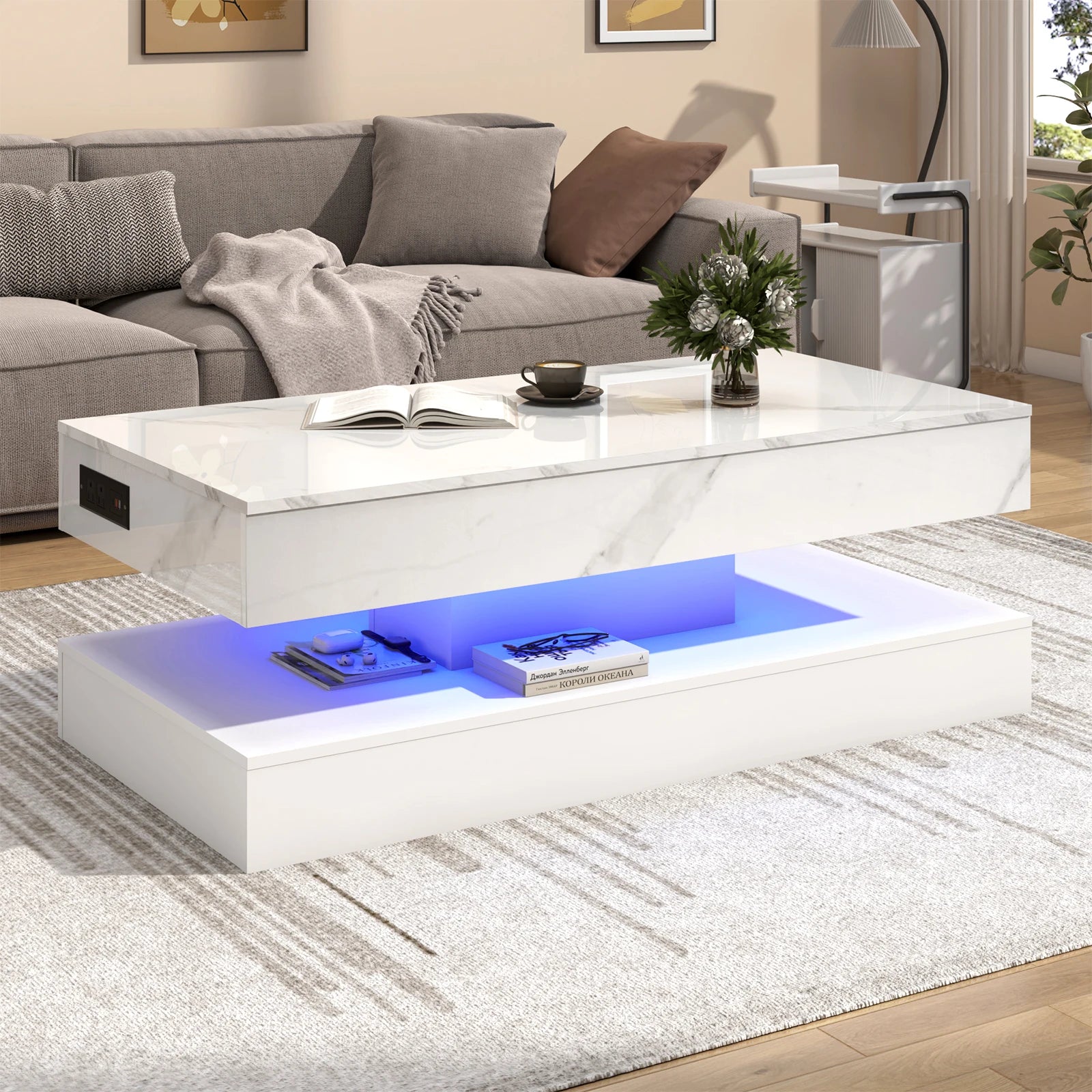 Coffee Table - Modern LED - Grey Marble Nesting (Set of 2) with Round End - Waterproof Surface & Metal Legs