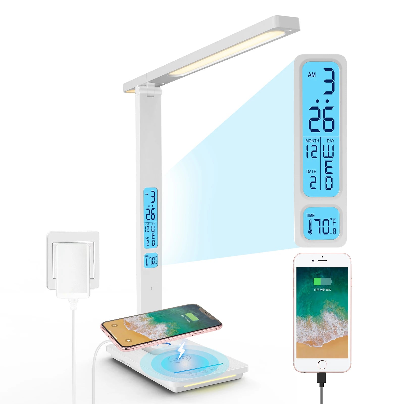 LED Desk Lamp-LAOPAO 10W QI Wireless Charging With Calendar Temperature Alarm Clock, Eye Protect, Study Business Light, Table Lamp