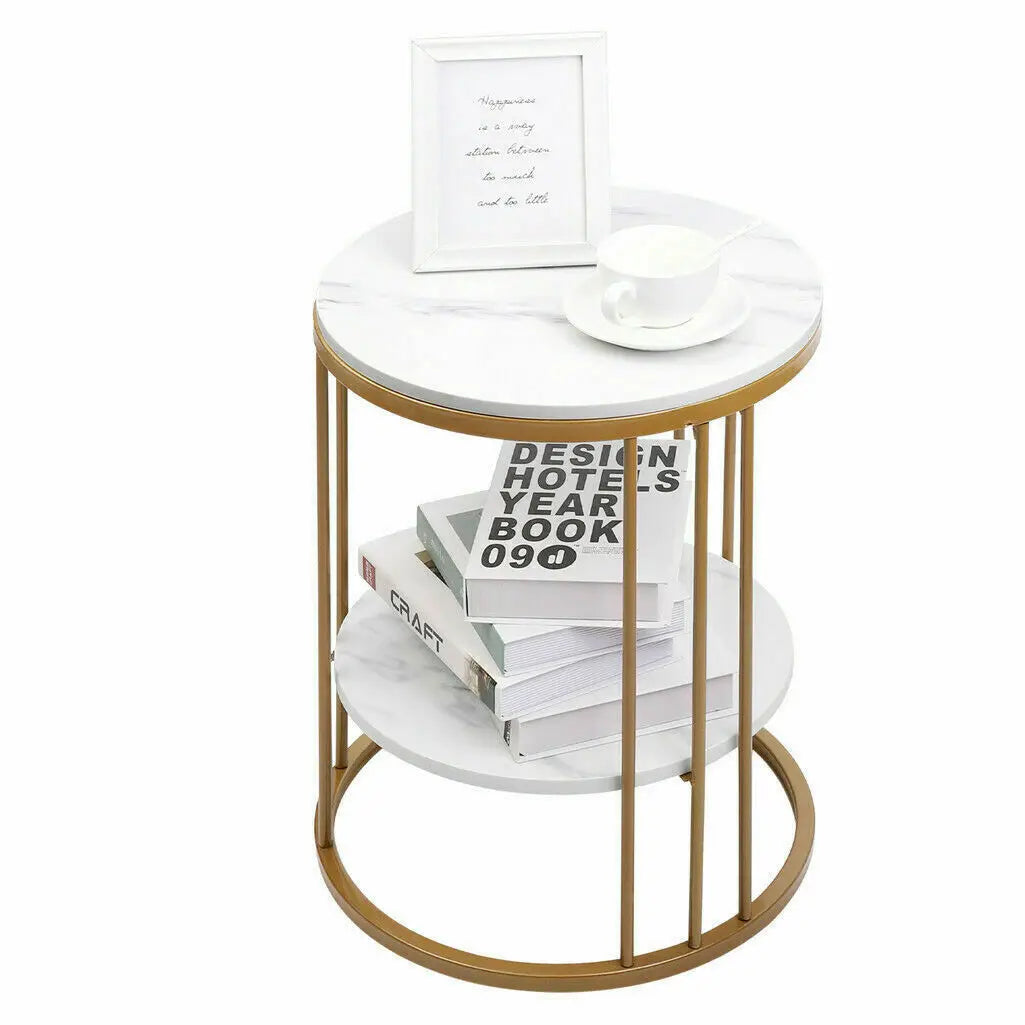 Accent Table- 2-Tier White Marble Side Table, Round Coffee Table, Nightstand, Jewelry Storage