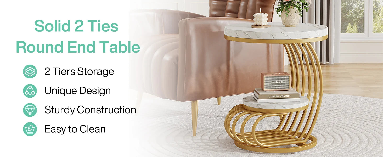 Accent Table-Gold Round Table, 2 Tiers Faux Marble Side Table, Table with Storage Shelf, Modern White Gold Bedside Table, Tribesigns