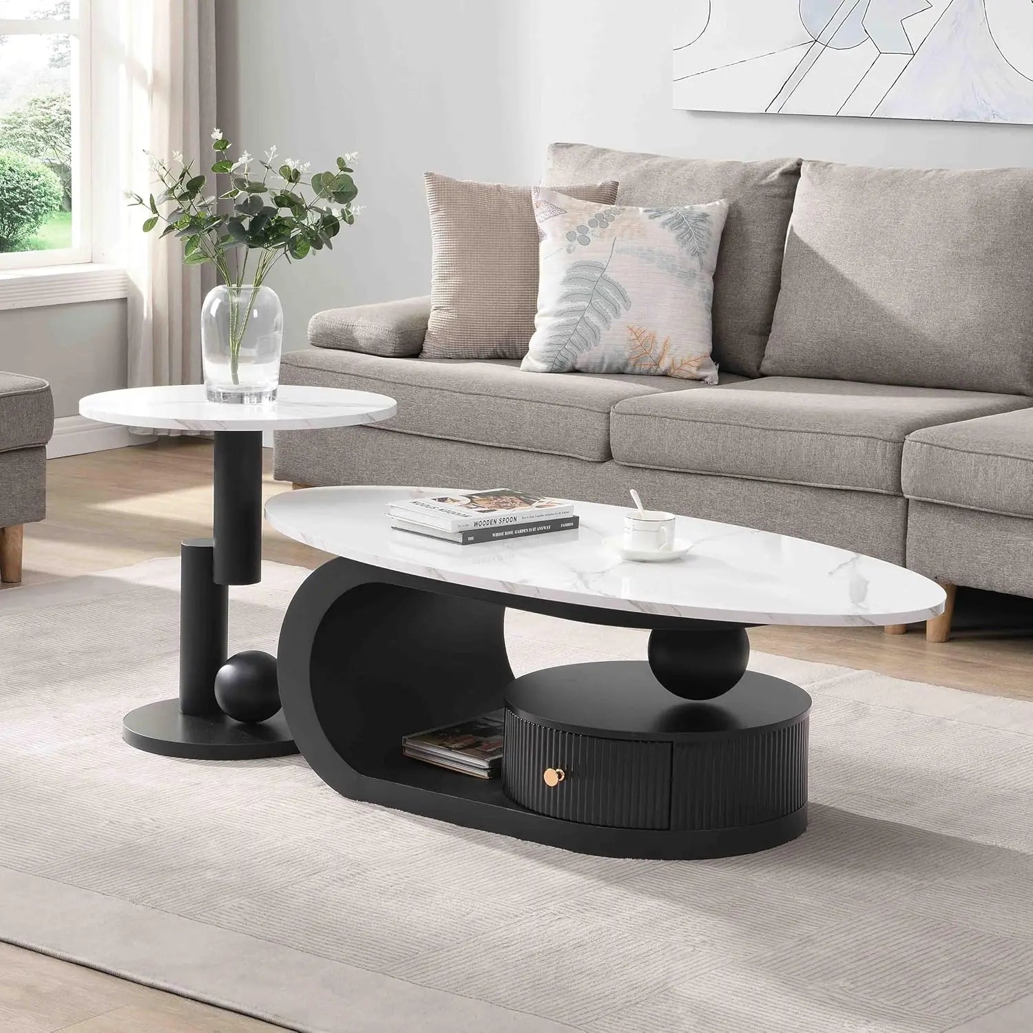 Coffee Table Set-Modern Nesting Oval Coffee Table Set, Faux Marble Top, Gold Metal Base, Living Room, 2pcs, Customized