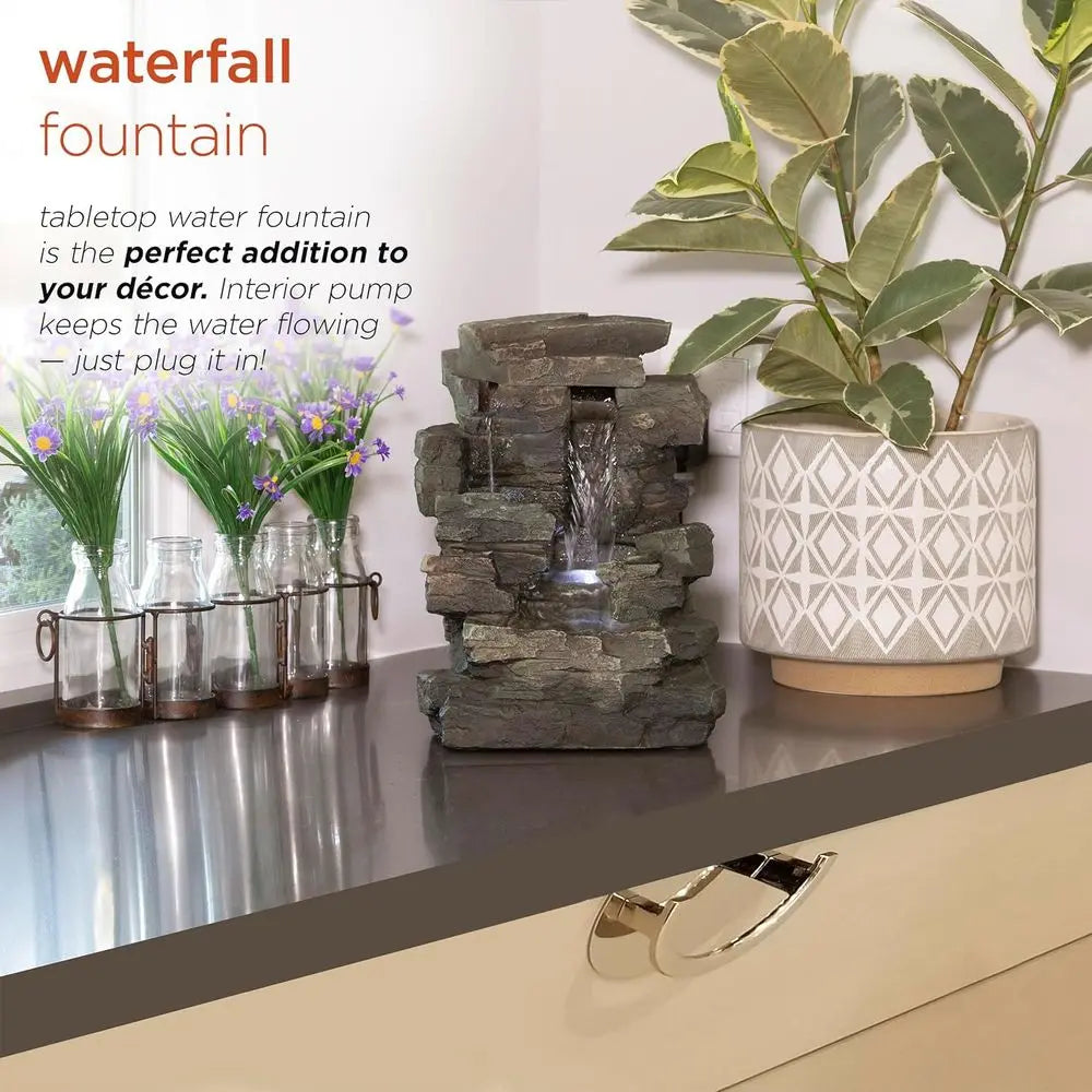 Water Fountain-LED Lights, 13 in Tall, Indoor Tabletop, 4 Tier Cascading, Water Feature, Home, Living Room, Zen Decor,