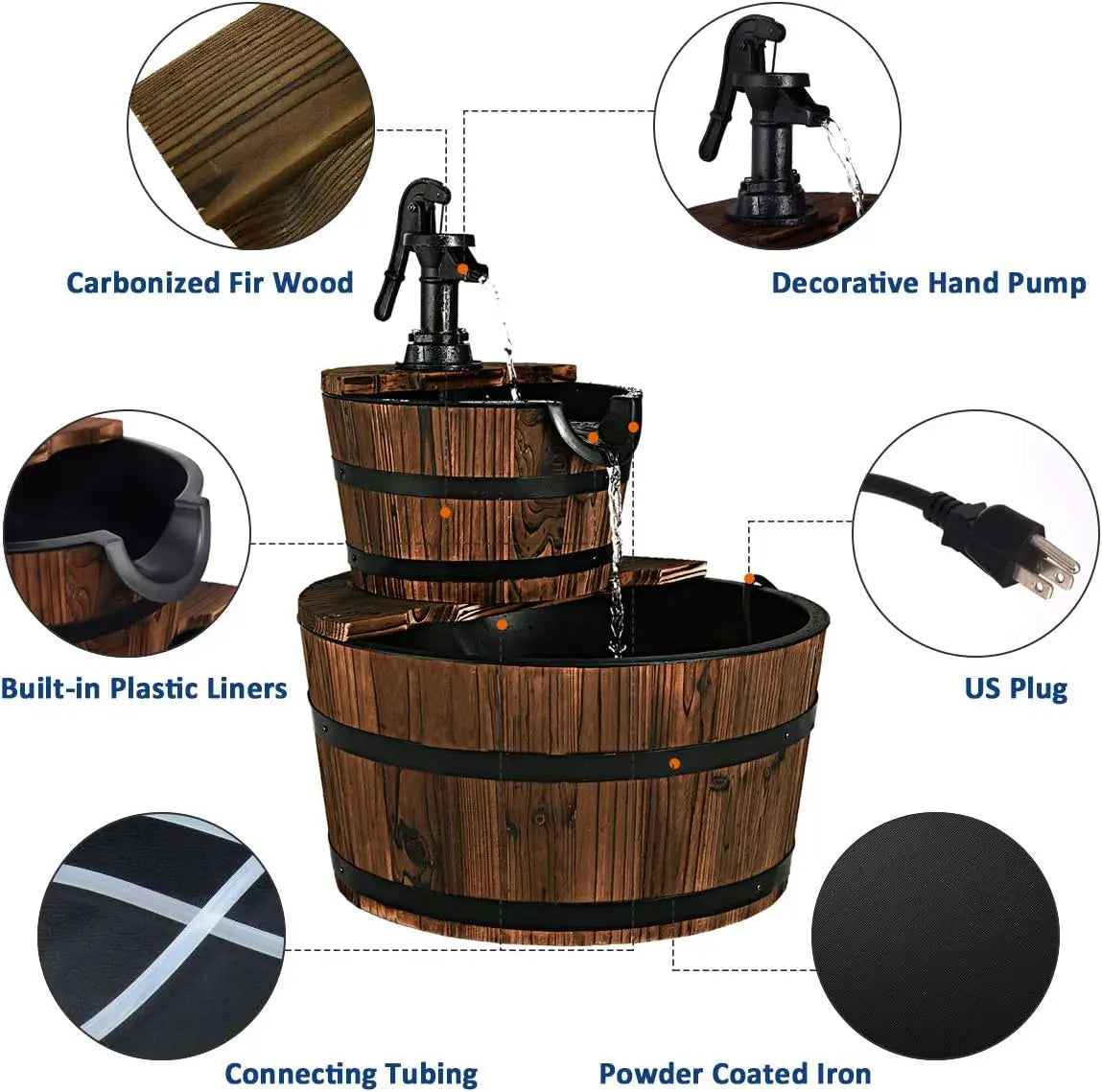 Water Fountain- 2-Tier Barrel Waterfall Fountain, Outdoor, Rustic Wood Barrel, Cascading Water Fountain with Electric Pump, Outdoor Water Feature