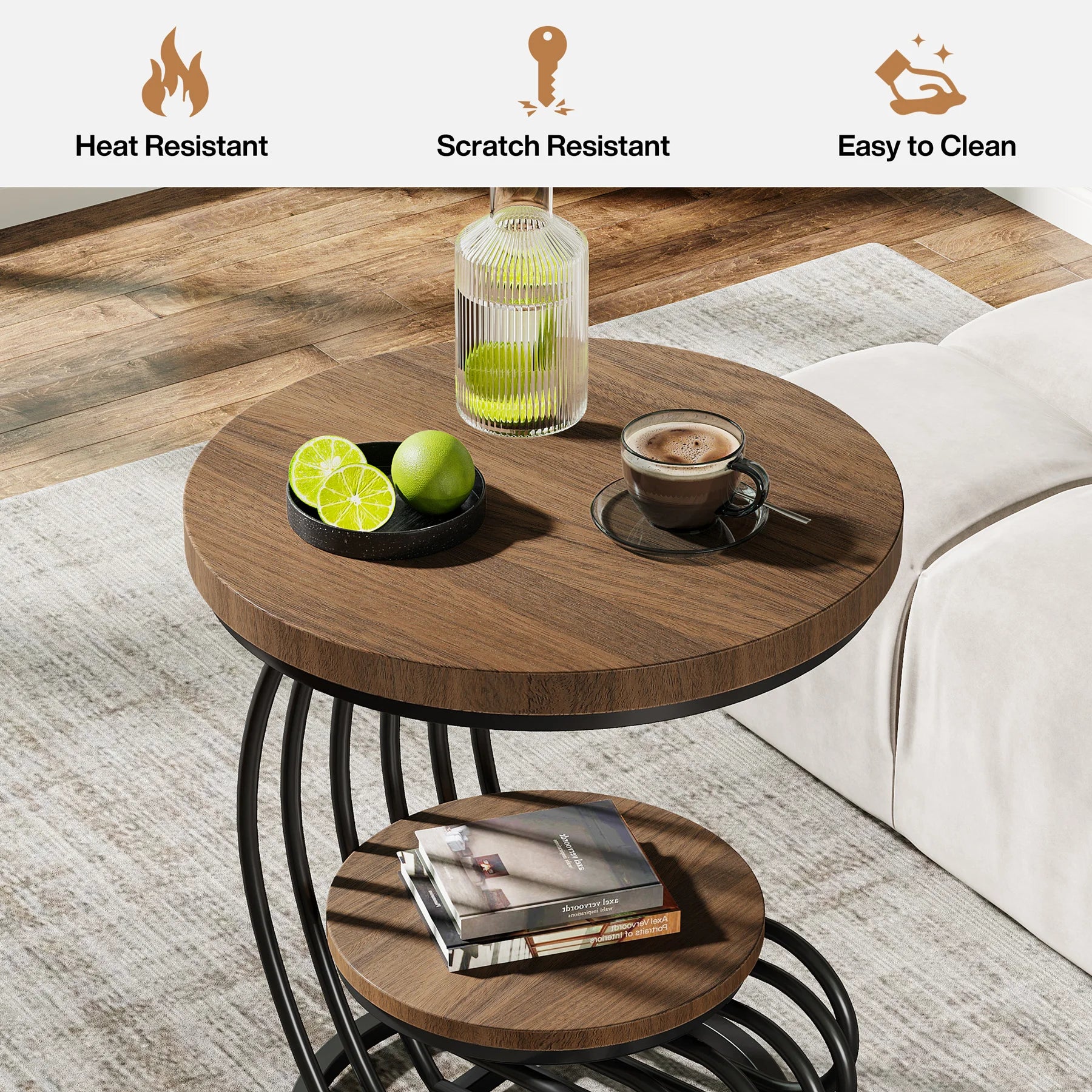 End Table-Tribesigns Gold Round Table, 2 Tiers Faux Marble Side Table, Table with Storage Shelf, Modern White Gold Bedside Table