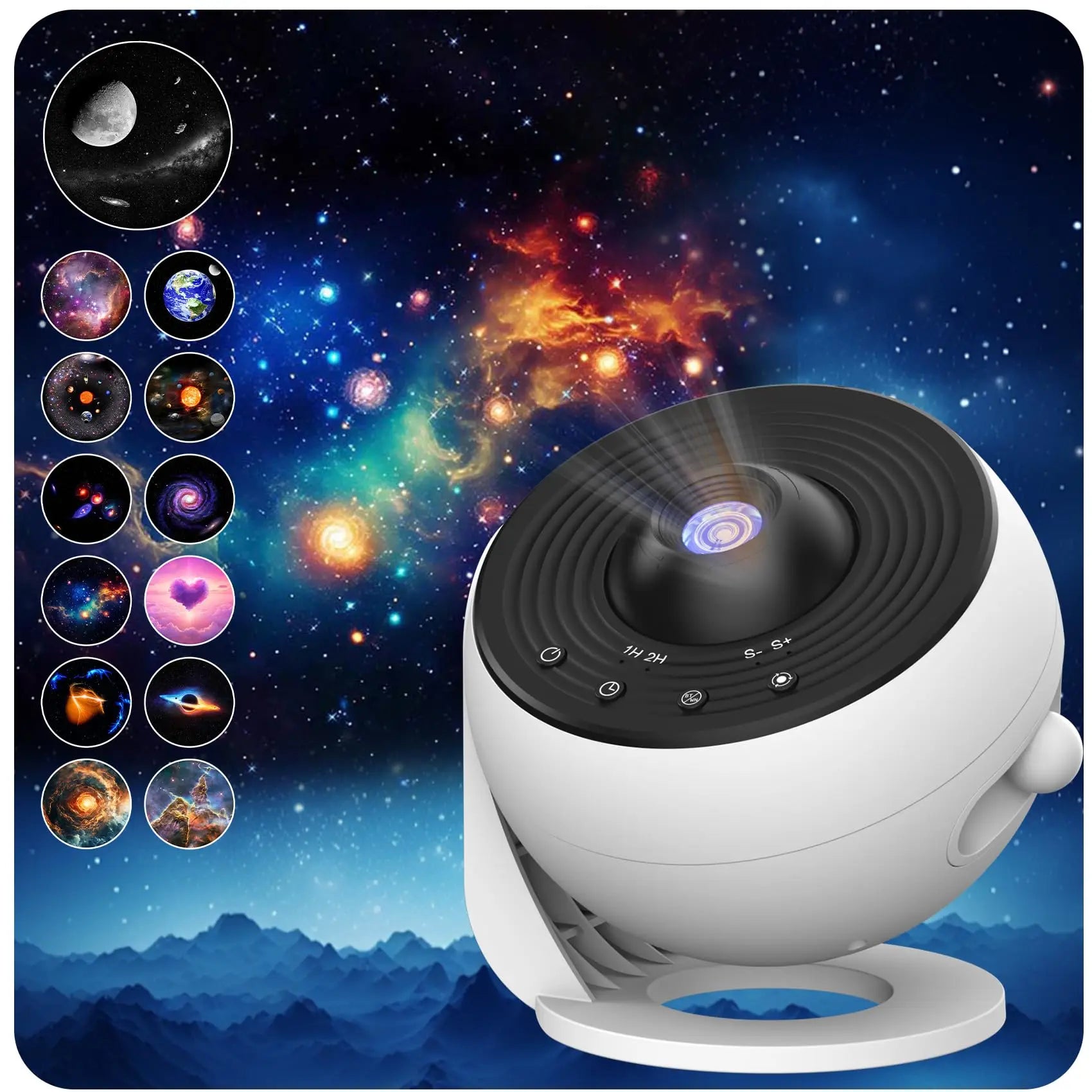 Galaxy Projector-Pro Version HD, 12 in 1 Film Discs, Star Projector, Galaxy Light Planetarium Projector, with Timer, White Noise, 360 ° Rotation, Bluetooth Remote Control