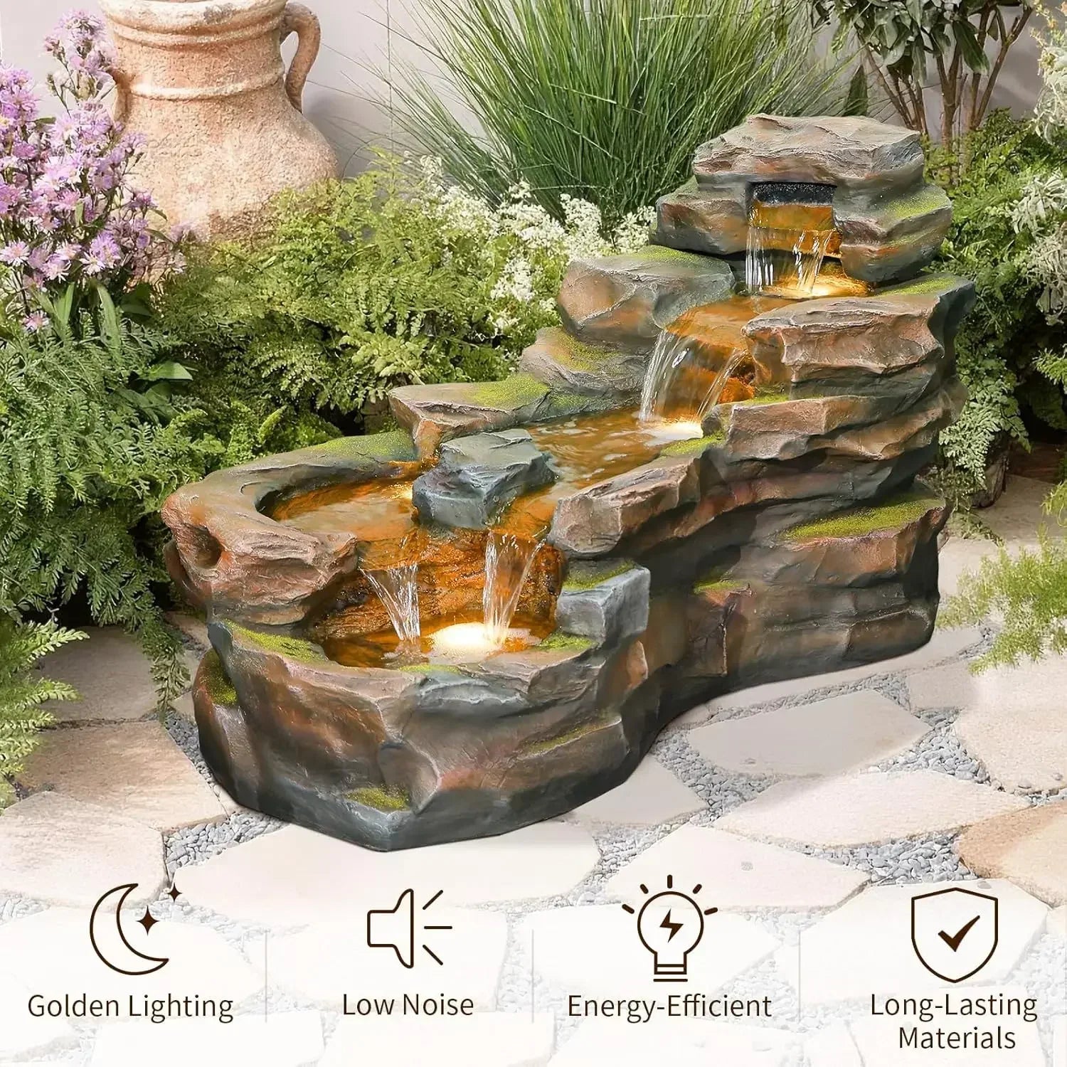 Water Fountain-LED Lights, Outdoor, Floor Standing, 5-Tiers, Rock Natural, Waterfall, Garden
