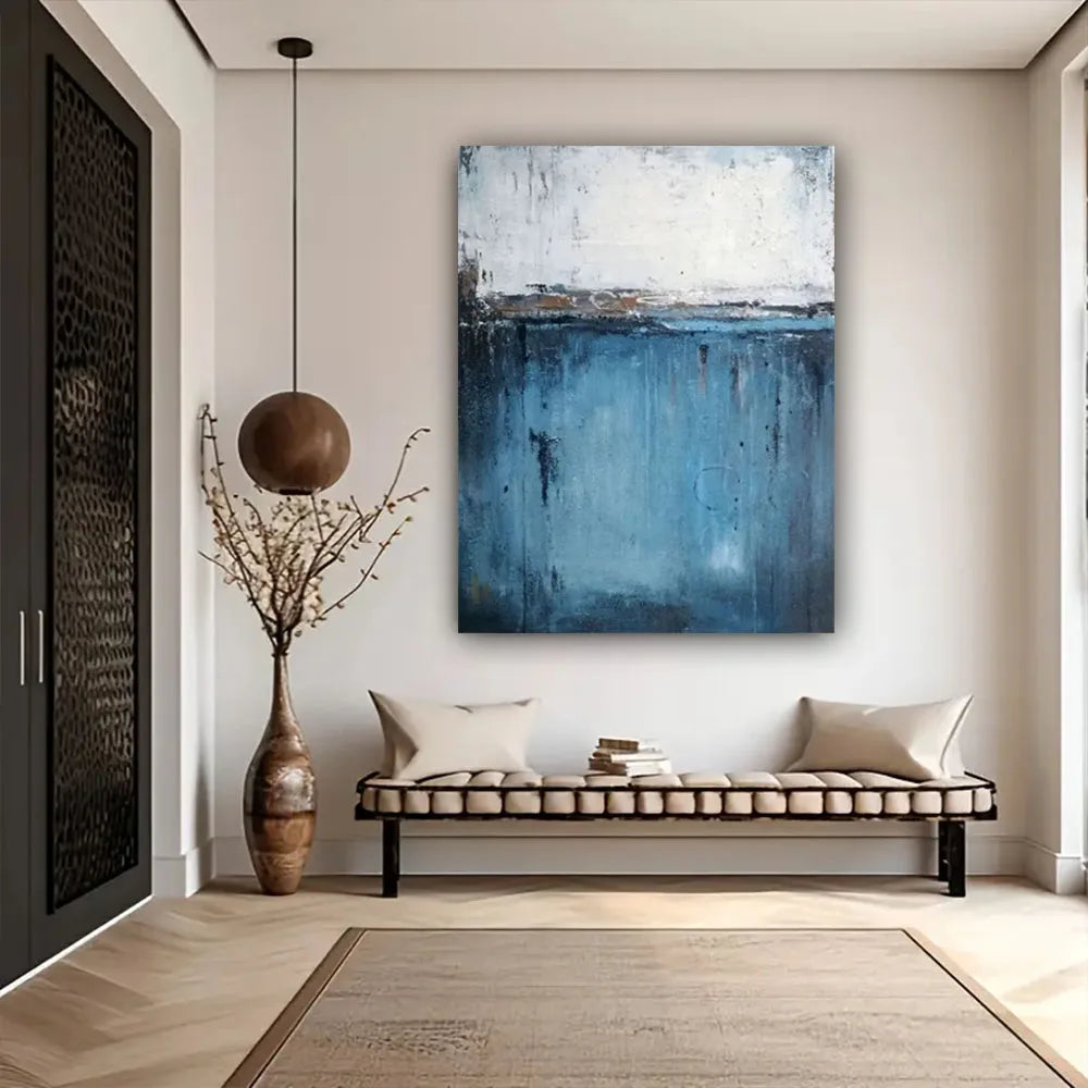 Abstract Oil Painting On Canvas-Handmade, Texture Wall Art, Pattern C-Blue And Off-White