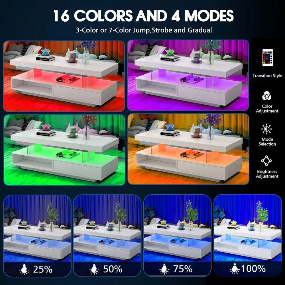 Coffee Table - Modern LED - 2 Tiers White Gloss - with Storage Shelf, Stylish Living Room Centerpiece