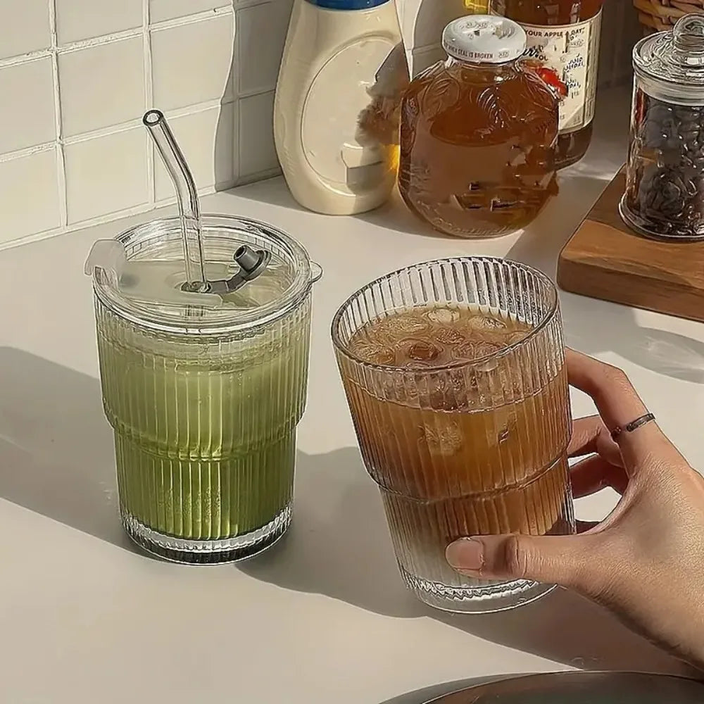 Home Kitchen: Drinkware: Stripe Glass Cup with Lid and Straw Vertical Stripes Design | Iced Coffee Cups | Drinking Glasses for Juice, Milk, Tea