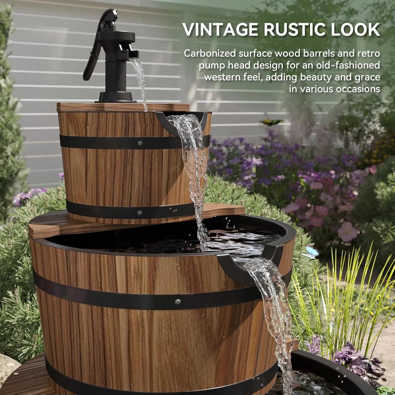 Water Fountain- 3-Tier Outdoor, Wood Barrel, Cascading, Electric Decorative Hand Pump, Rustic Waterfall Fountain