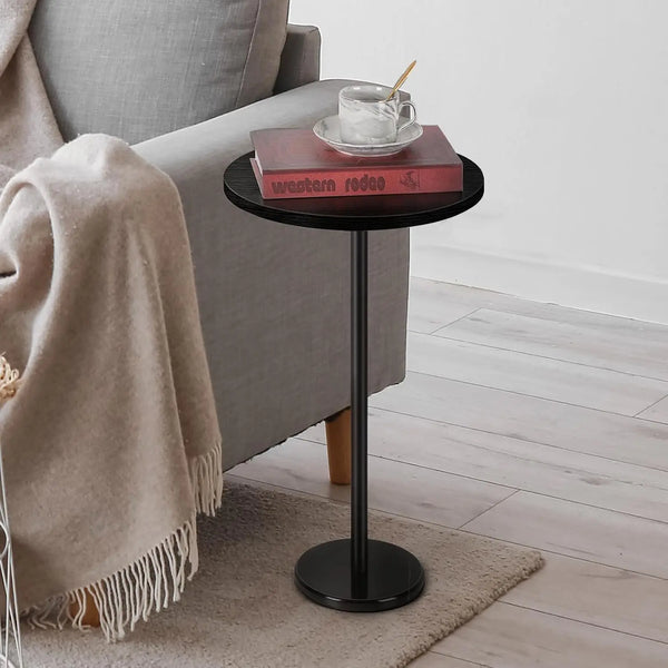 Accent Table-Pedestal with Marble Base for Small Spaces, Round Black Coffee, Drinks Table