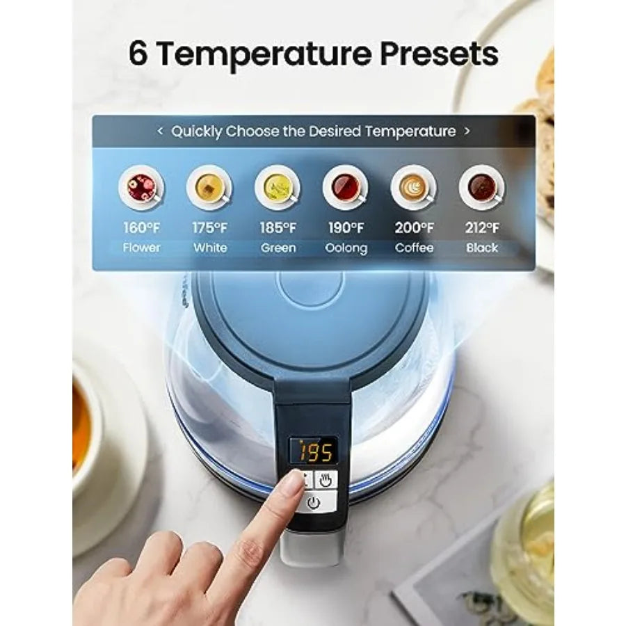 Electric Kettle-1.7L Glass Electric Tea Kettle, 304 Stainless Steel Filter, 6 Temperature Presets, Fast Heating, 2-Hour Keep Warm, Auto-Off