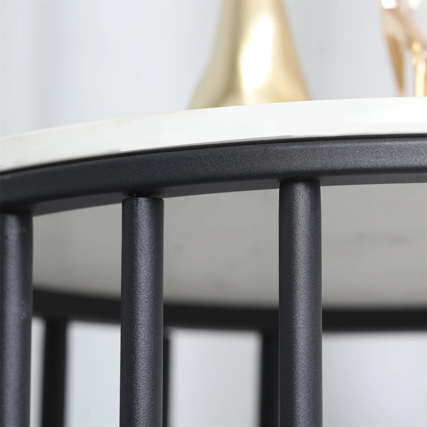 Accent Table- 2 Tier Sintered Stone End Table, Round White Sofa Table, Side Table, Small Coffee Table with Black Frame, Bedside Nightstand