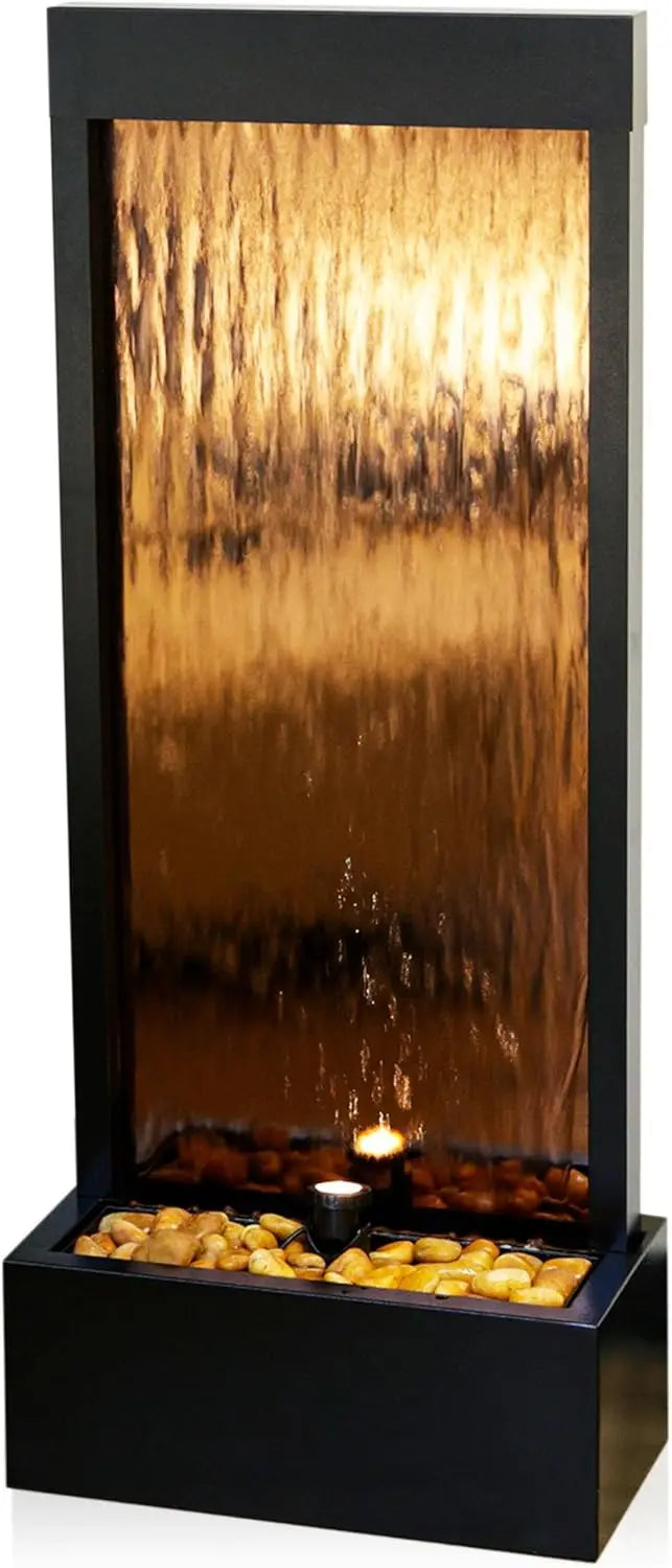 Water Fountain-Mirror Waterfall Fountain with Stones & Lights, Zen Indoor/Outdoor Fountain for Office, Living Room, Patio, Entryway