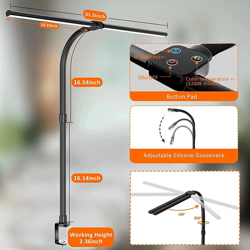 LED Desk Lamp-LAOPAO Double Head LED Desk Lamp Architect Desk Lamps, 24W Brightest, 5 Color Modes, 5 Dimmable, Eye Protection lamp