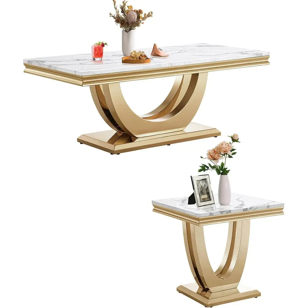 Coffee Table-Table Set, Marble Coffee Table, Square End Side Tables, Stainless Steel Legs, 2-Piece Living Room