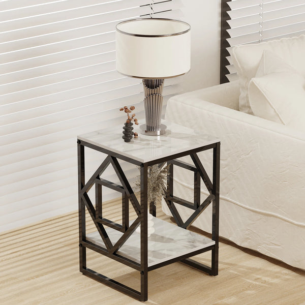 Accent Table-White Marble Top Side Table, Bedside Nightstand, Black Coated Frame Table
