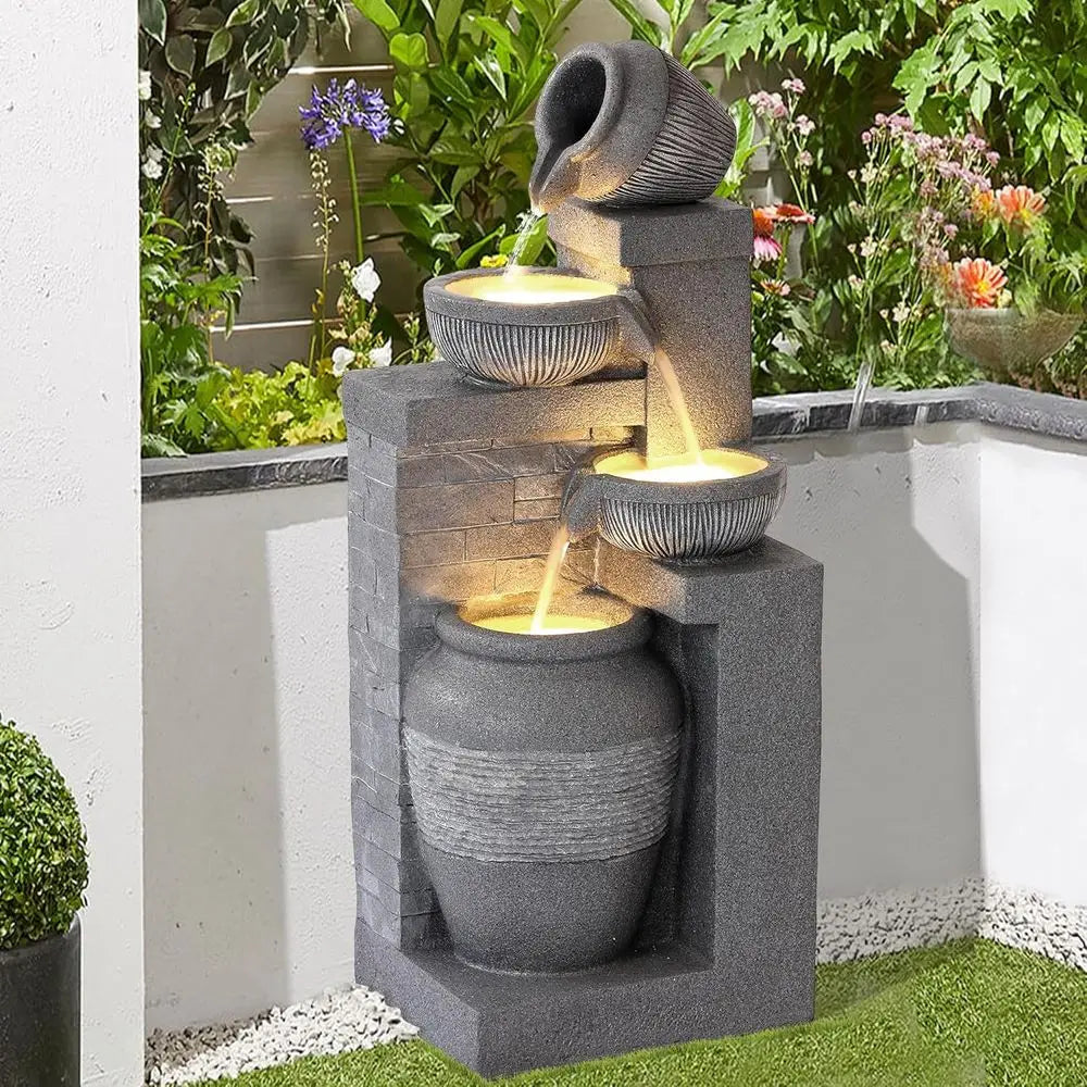 Water Fountain-4 Tiers, 32 inch, Cascading Resin Fountains and Waterfalls with LEDs and Bowls, Modern Floor-Stand, Outdoor/Indoor Garden