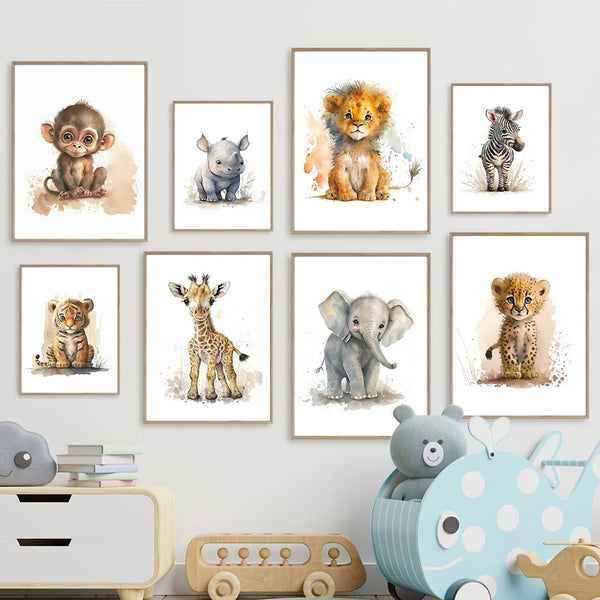 Canvas Wall Art – Adorable Jungle Animal – Elephant, Lion, Giraffe & More Wall Art for Baby or Kids' Room