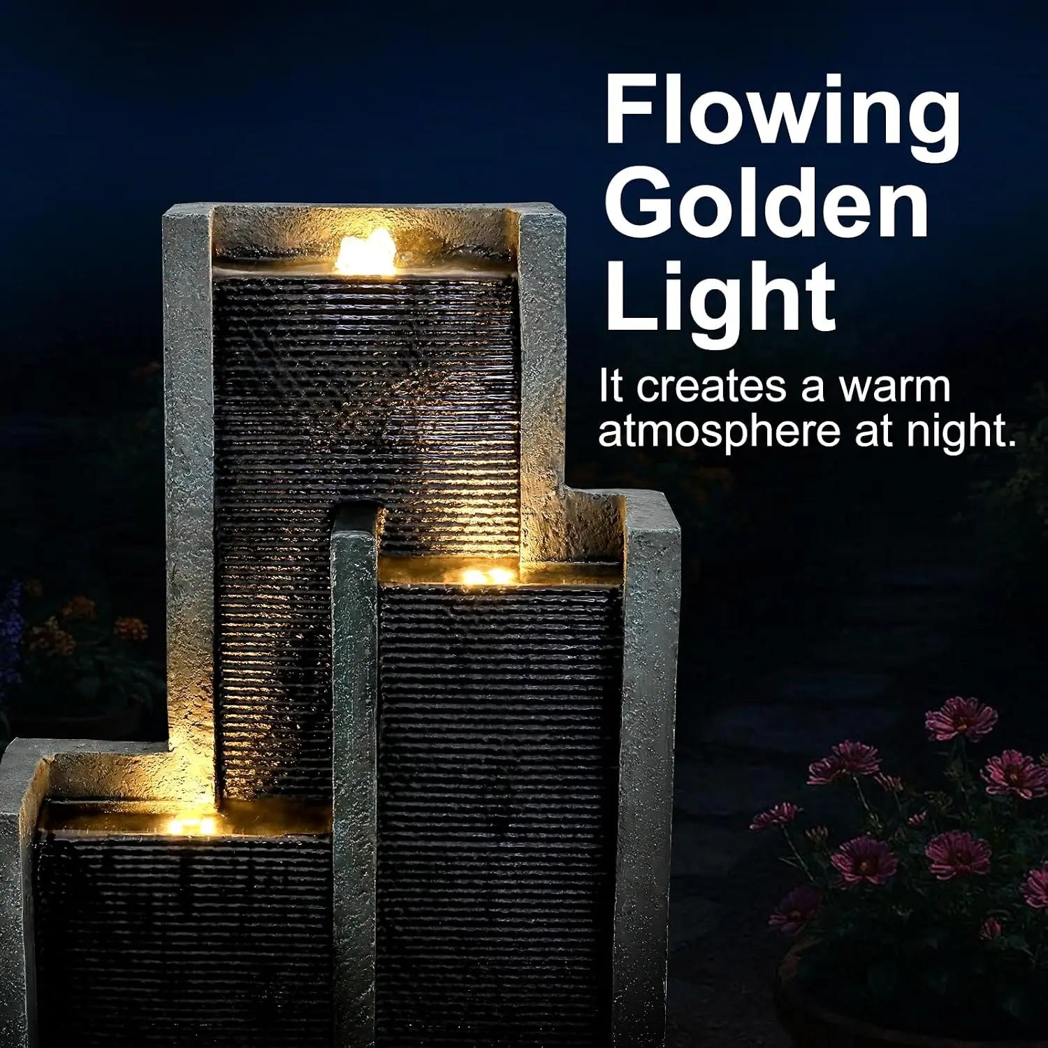 Water Fountain-50.7" Outdoor Water Fountain with LED & Pump, Modern Resin Floor Cascading Waterfall for Garden Patio, Customized