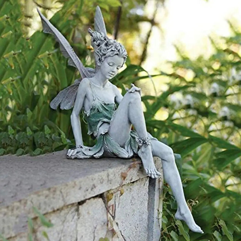 Figurines-Flower Fairy Resin Statue Decoration Outdoor Garden Angel Girl Sitting Figurines Sculpture Landscaping Yard Art Ornament
