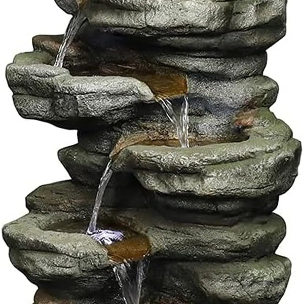 Water Fountain-LED Lights, 6-Tiers, Rock Natural, Waterfall, Outdoor, Floor Standing, Garden, 30.7 in, Home Garden