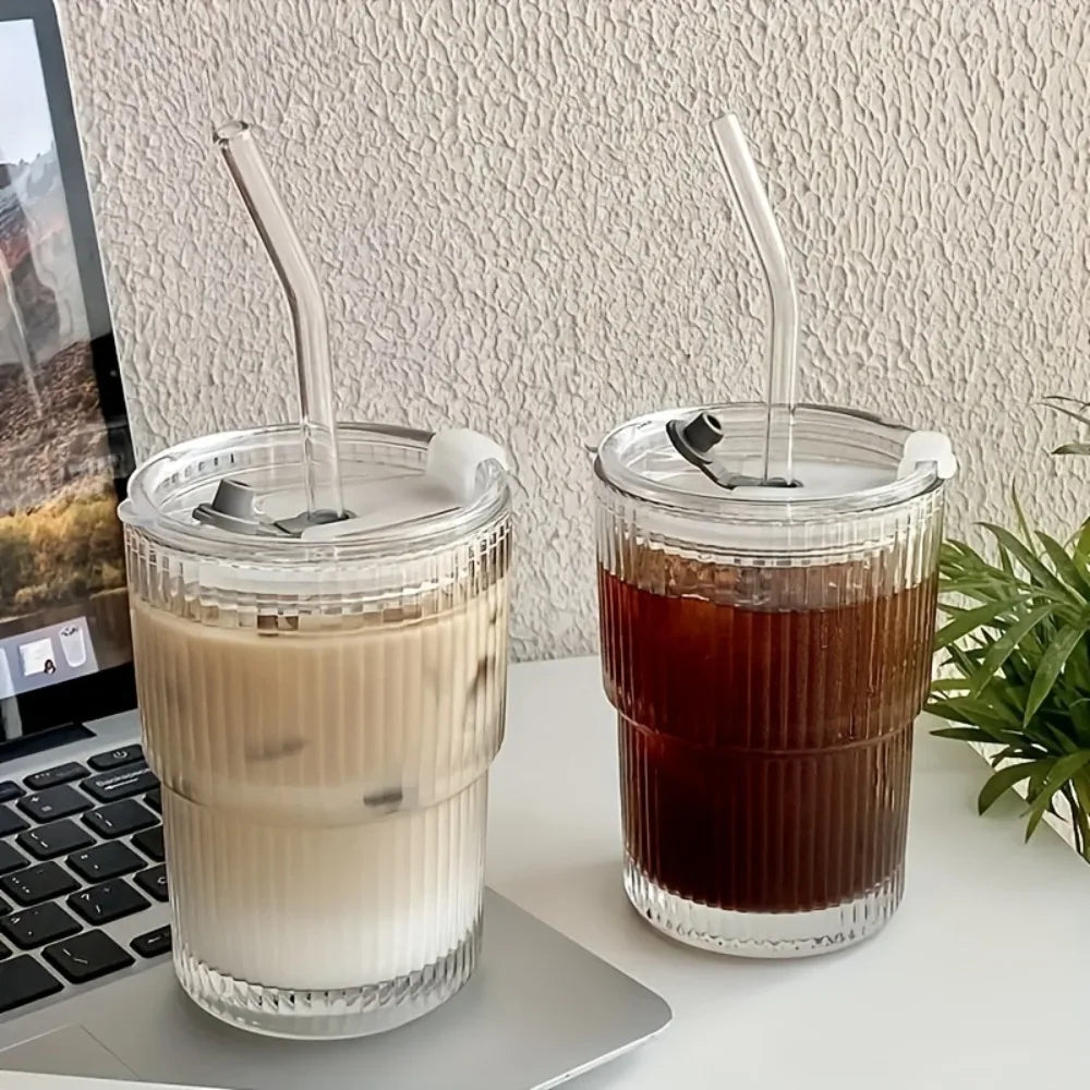 Home Kitchen: Drinkware: Stripe Glass Cup with Lid and Straw Vertical Stripes Design | Iced Coffee Cups | Drinking Glasses for Juice, Milk, Tea