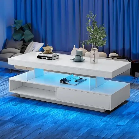 Coffee Table - Modern LED - 2 Tiers White Gloss - with Storage Shelf, Stylish Living Room Centerpiece