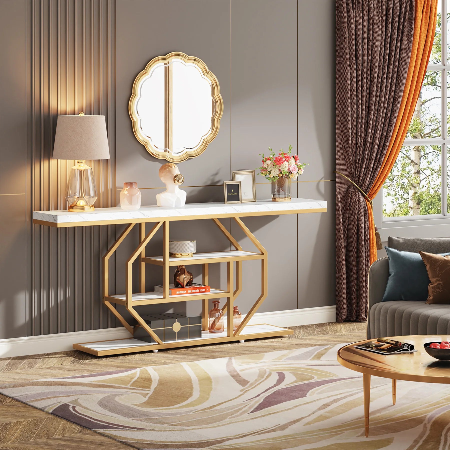 Accent Table-Modern Console Table, Gold, Sofa Table, Behind Couch, 4 Tier Storage, Entryway, Tribesigns