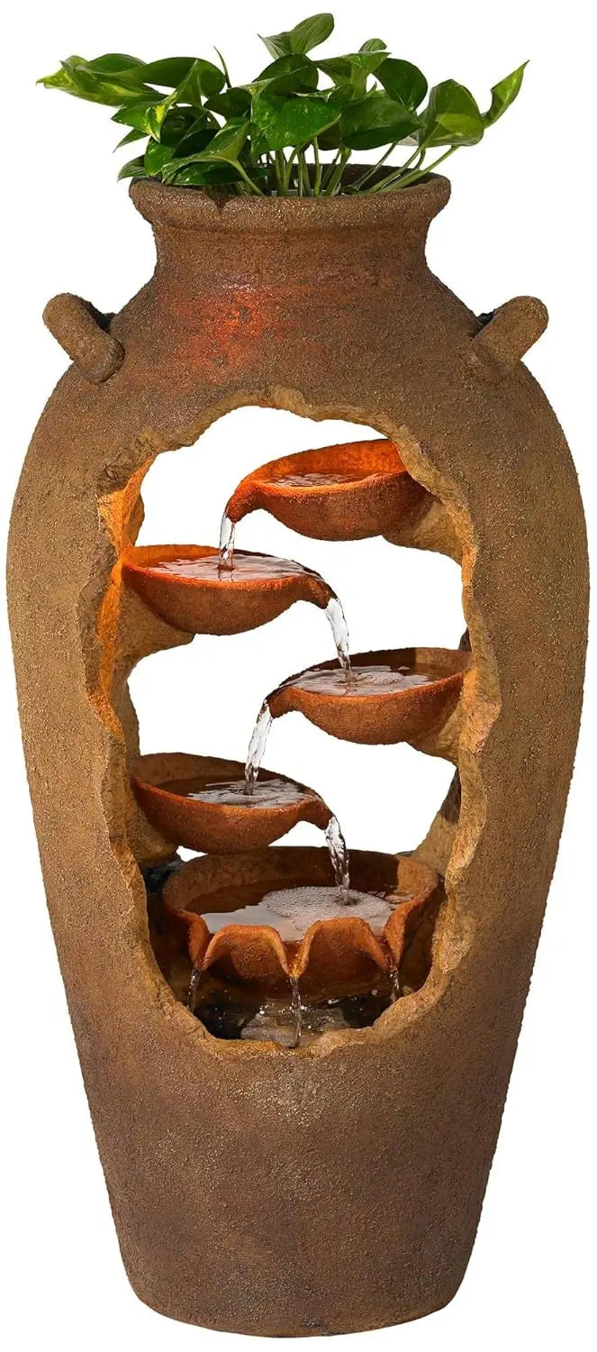 Water Fountain-Cascade Rustic Faux Stone Floor Fountain, Urn Waterfalls Fountain, 33" High with LED Light, Planter Waterfall