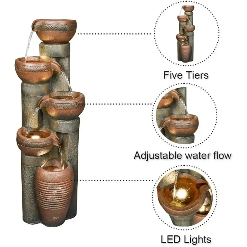 Water Fountain- 5 Tier Outdoor Garden Water Fountain Decor, Resin Fountain for Garden, Floor Patio, Deck, Porch, Backyard and Home Art