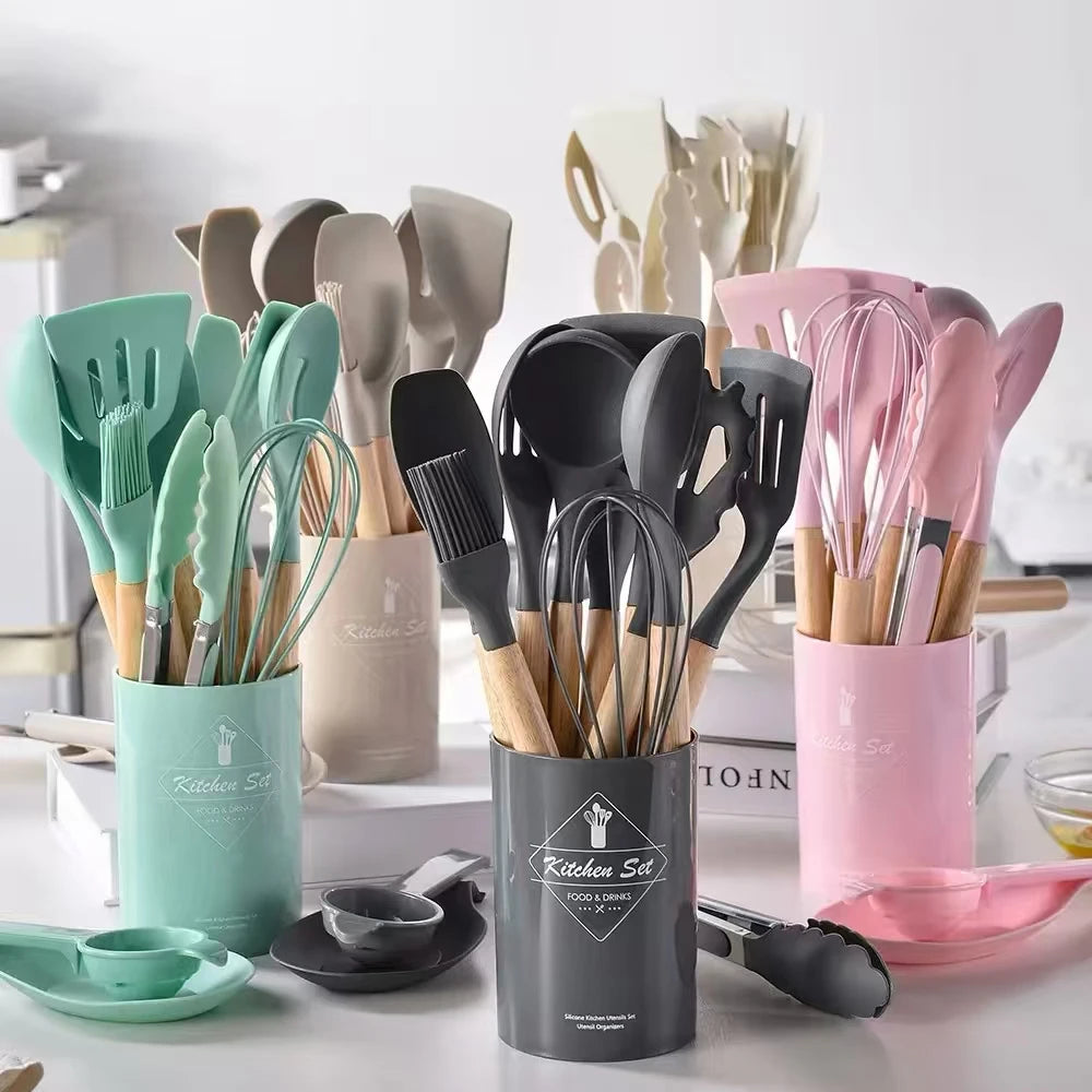 Home Kitchen: Utensil: Silicone with Wooden Handle - 12 Pcs Set - Non-stick Kitchenware