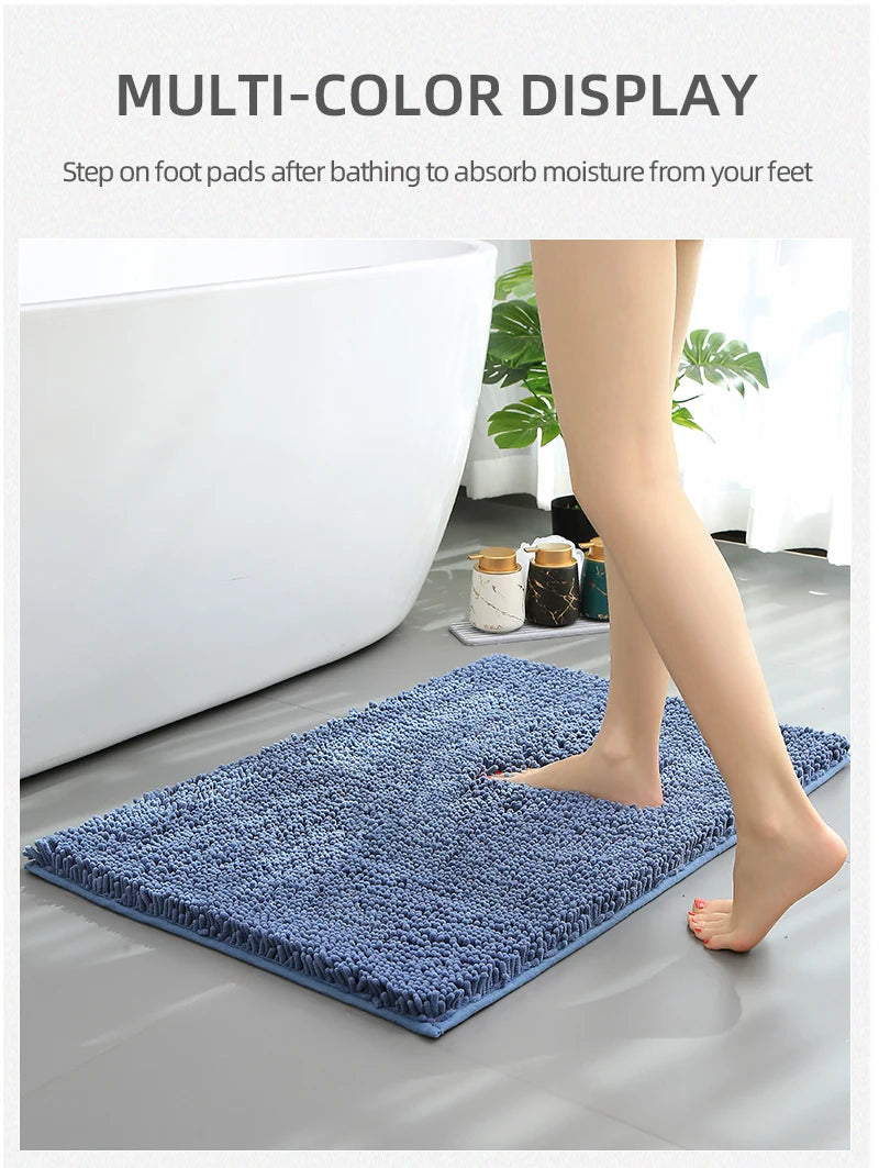 Blue Chenille Bathroom Rug – Super Absorbent, Non-Slip Shower Mat (40×60cm)