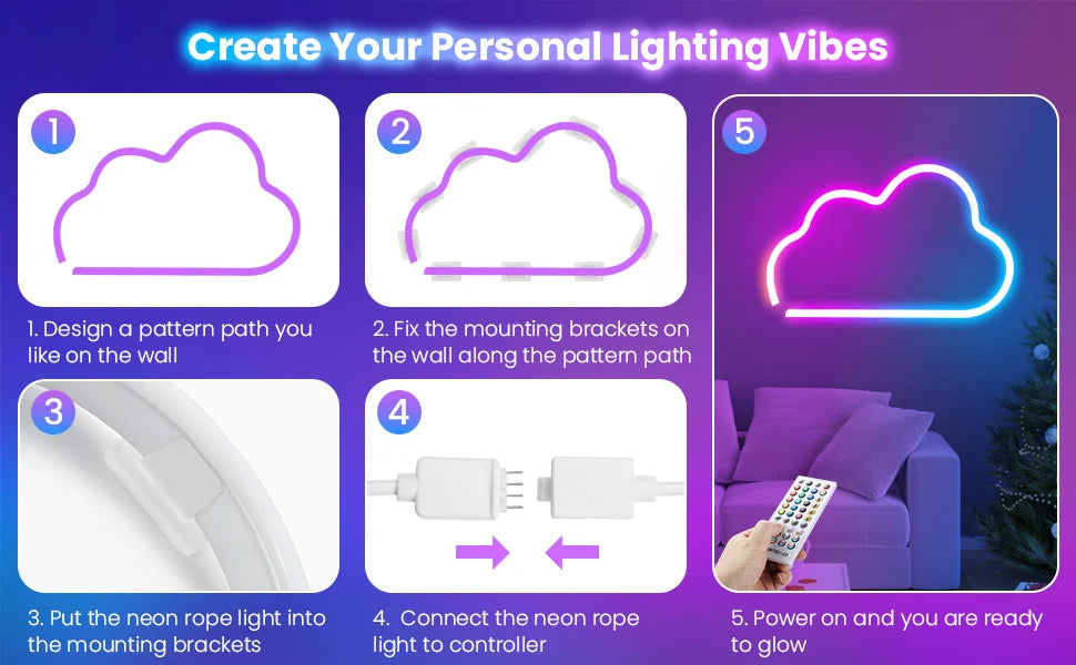 LED Rope Lights, Neon LED Lights For Bedroom Flexible LED Light Strip With Remote And APP Control RGB Lighting Strip