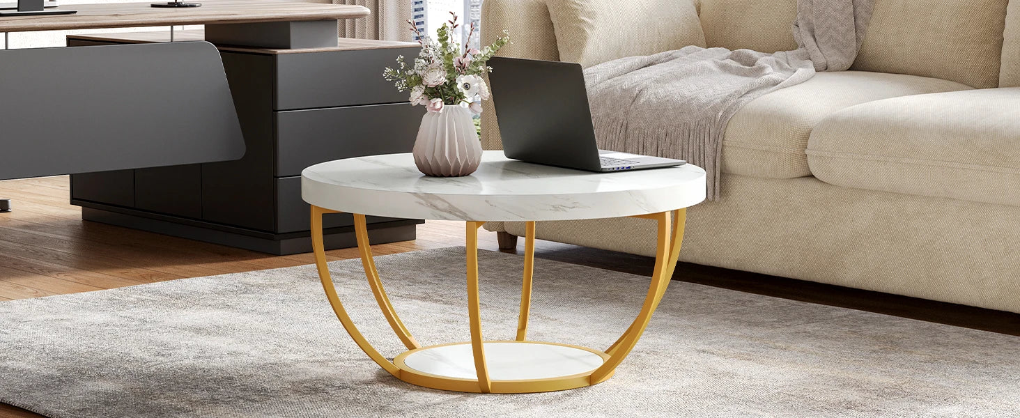Accent Table-Circle Marble 32 inch – Modern Stylish 2-Tier Center Table with Golden Frame for Living Room