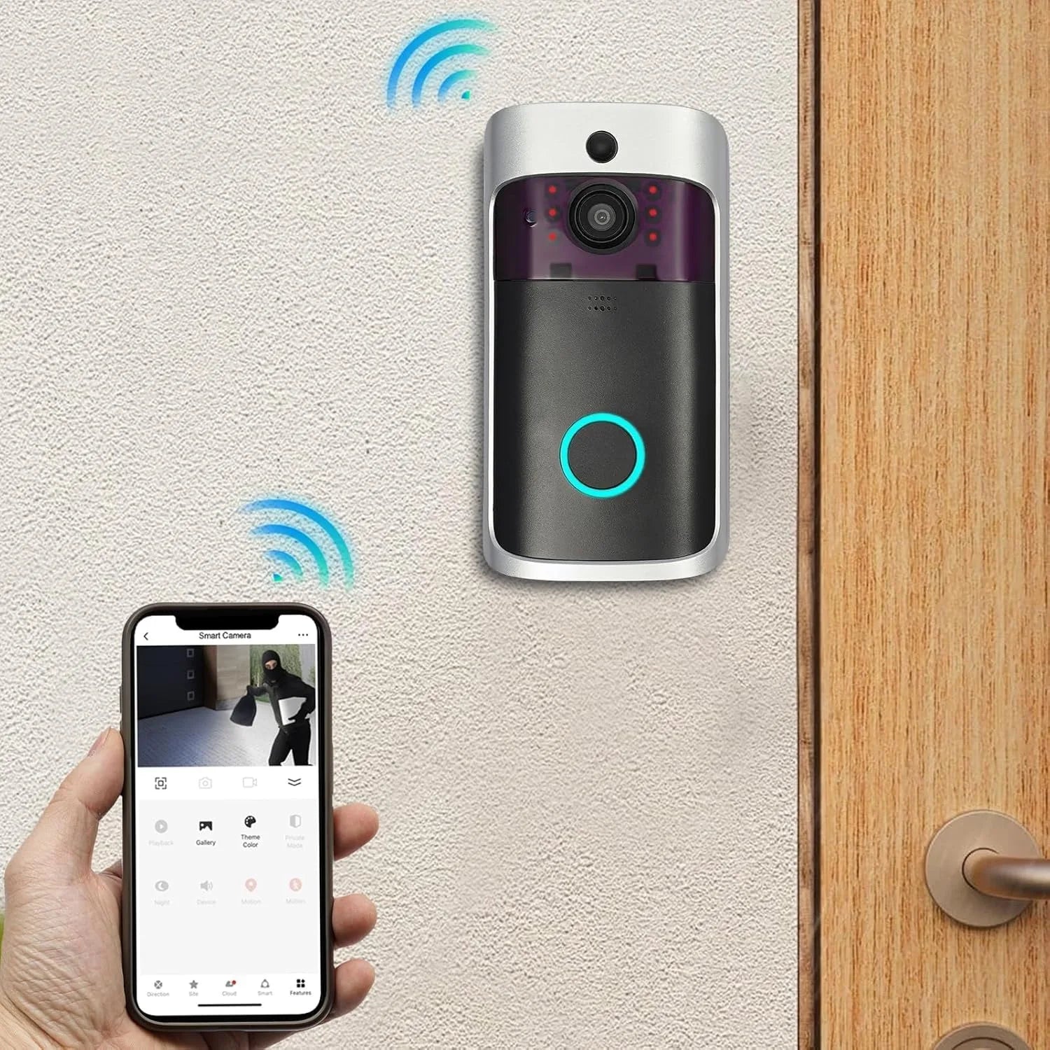 Smart WiFi Camera Doorbell – Night Vision, Voice Control & Door/Window Sensor Integration with App Alerts